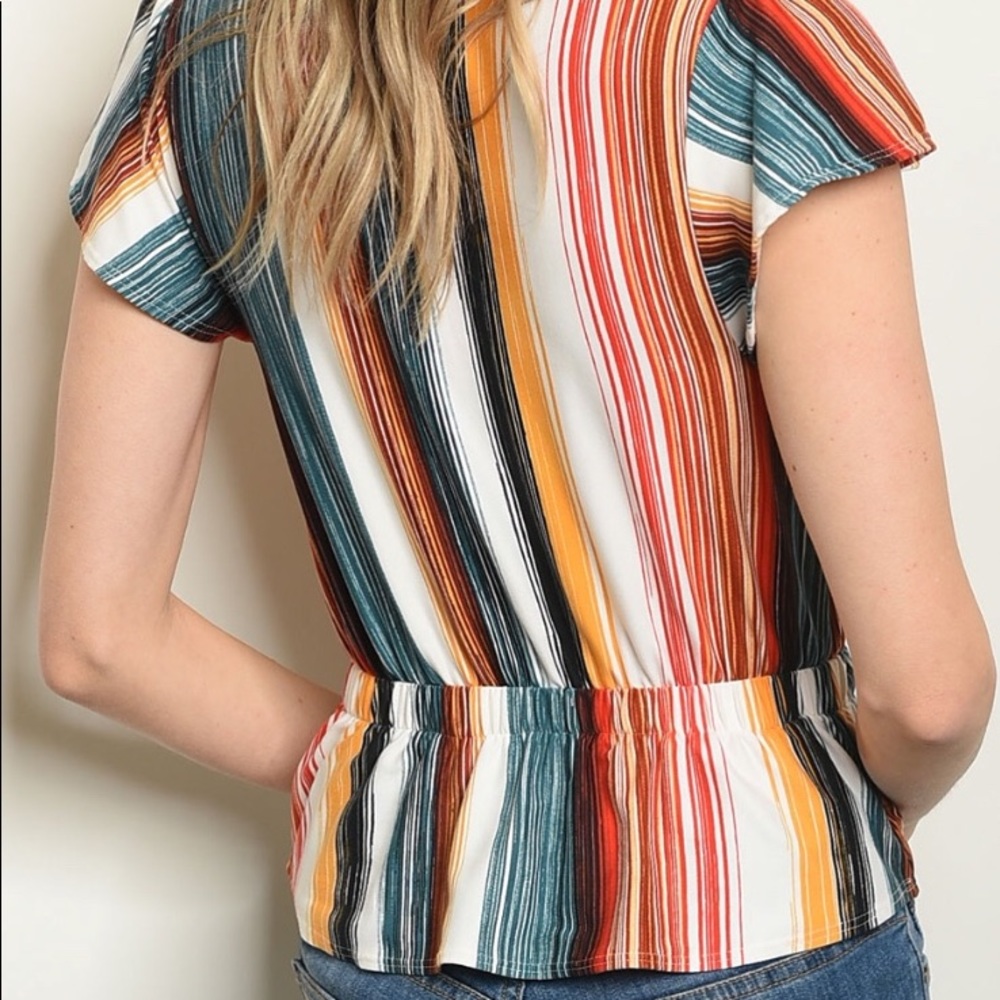 ❌DONATED❌Multicolor Blue Stripe Deep V-neck Elastic Waist Top - Picture 3 of 8